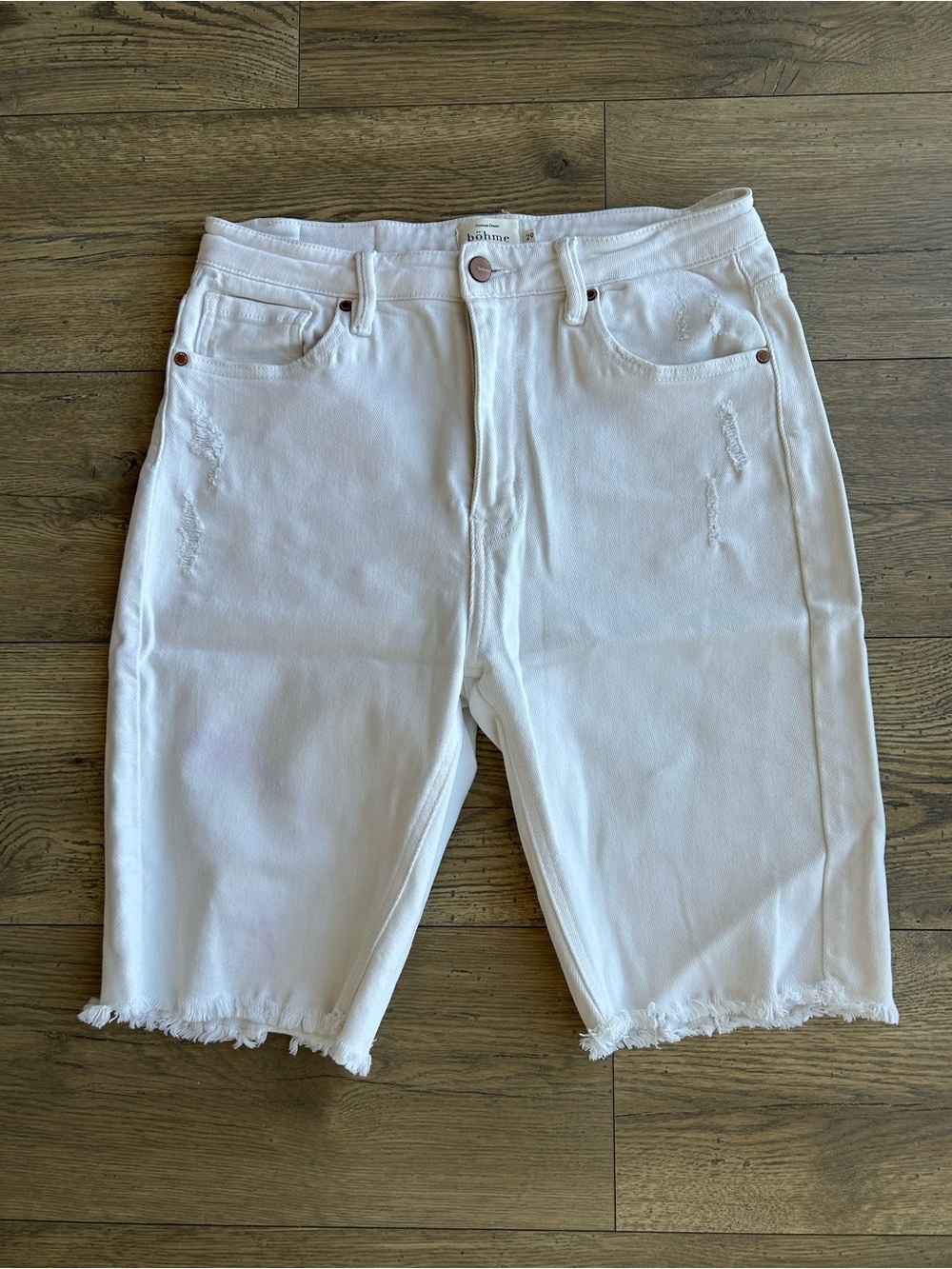 Bohme White Distressed Denim Bermuda Shorts